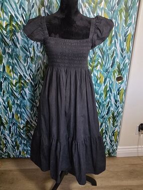 o.p.t Black Daphne Dress featuring a smocked bodice and puff sleeves